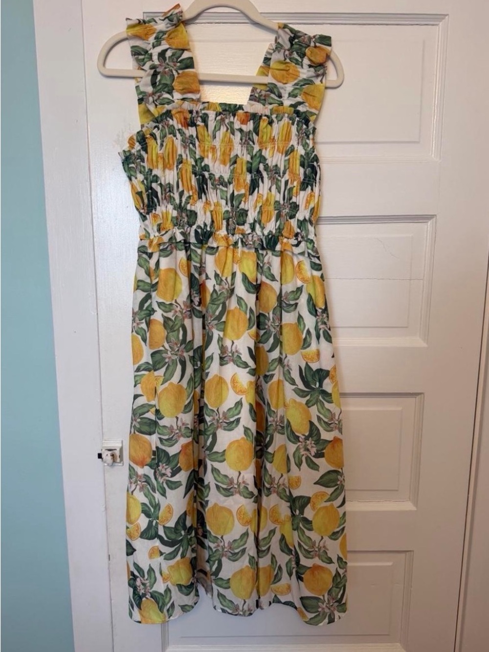 English Factory Yellow Lemon Print Sundress with Green Leaves